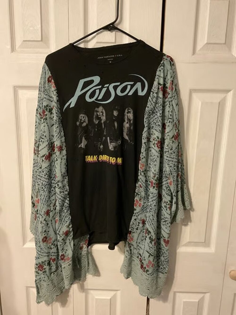 Poison Distressed Upcycled Graphic T-Shirt with Flowy Boho Sleeves - OSFM